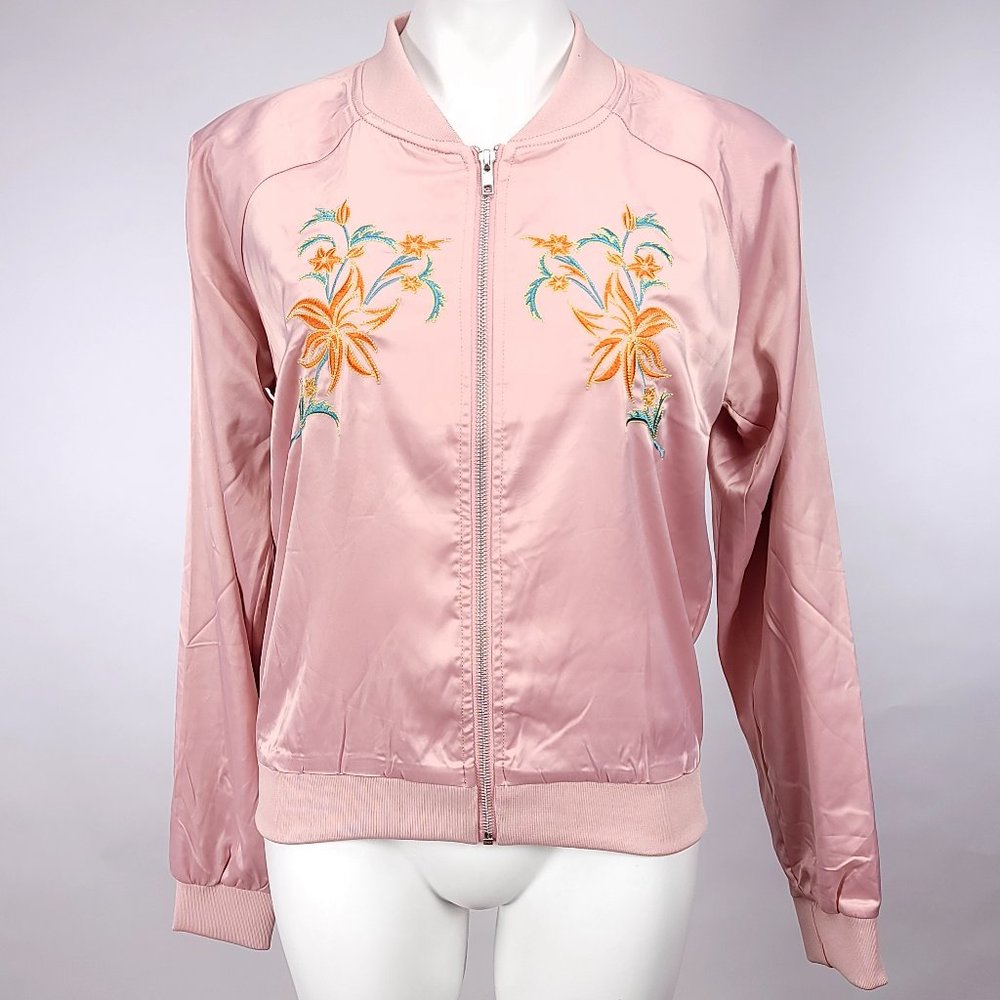 Romeo + Juliet Couture Dusty Pink‎ Satin Embroidered Floral Bomber Jacket Medium